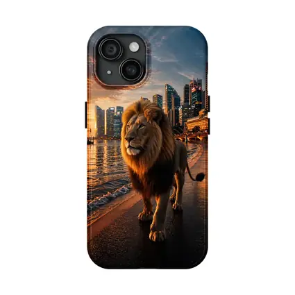 Lion Walking City Waterfront At Sunset