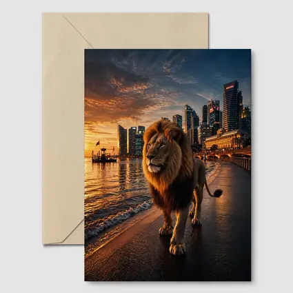 Lion Walking City Waterfront At Sunset