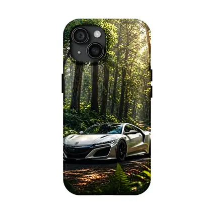 White Honda NSX Parked in Sunlit Forest