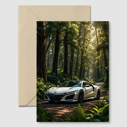 White Honda NSX Parked in Sunlit Forest