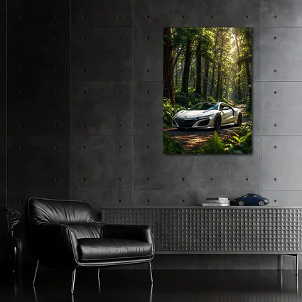 White Honda NSX Parked in Sunlit Forest