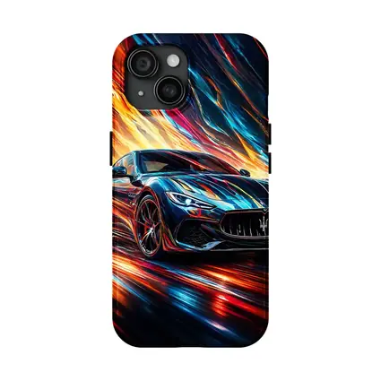 Maserati GranTurismo Speeding Through Colorful Abstract Flames