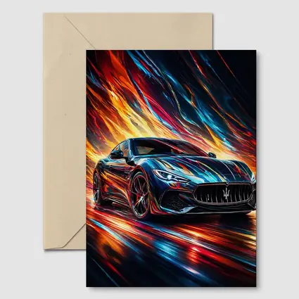 Maserati GranTurismo Speeding Through Colorful Abstract Flames