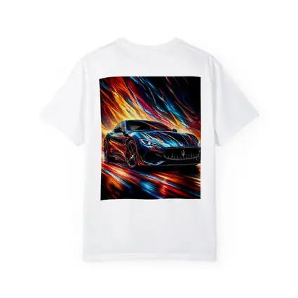 Maserati GranTurismo Speeding Through Colorful Abstract Flames