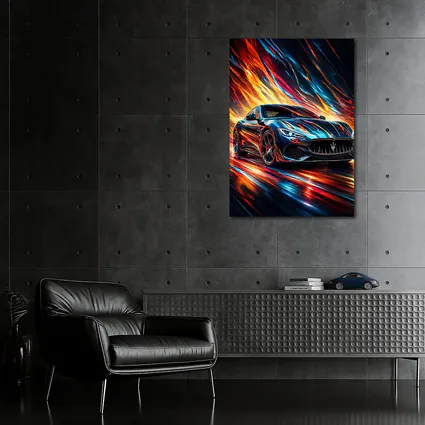 Maserati GranTurismo Speeding Through Colorful Abstract Flames
