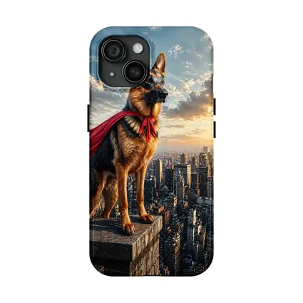 German Shepherd Superhero Cape City Skyline