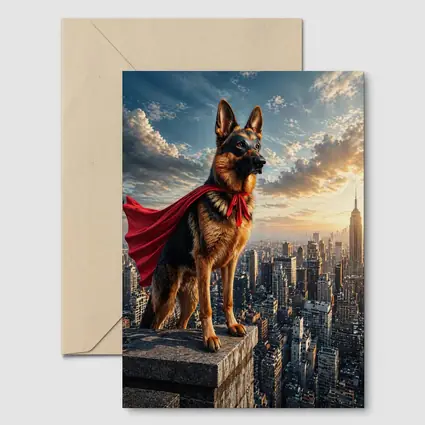 German Shepherd Superhero Cape City Skyline