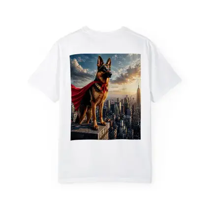 German Shepherd Superhero Cape City Skyline