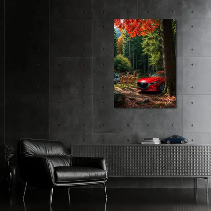 Red Mazda 3 Parked in Autumn Forest
