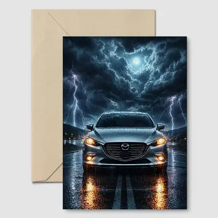 Mazda 3 Sedan Front View Thunderstorm Night