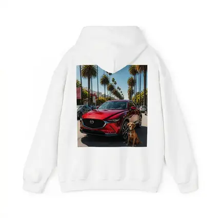 Red Mazda CX30 With Dog Palm Trees