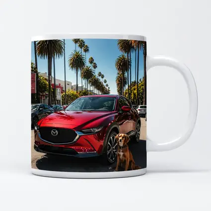 Red Mazda CX30 With Dog Palm Trees