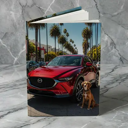 Red Mazda CX30 With Dog Palm Trees