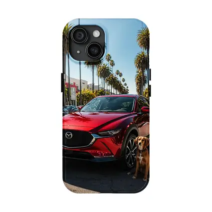 Red Mazda CX30 With Dog Palm Trees