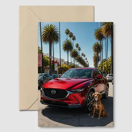 Red Mazda CX30 With Dog Palm Trees