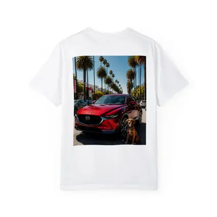 Red Mazda CX30 With Dog Palm Trees