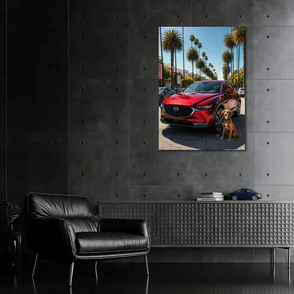 Red Mazda CX30 With Dog Palm Trees