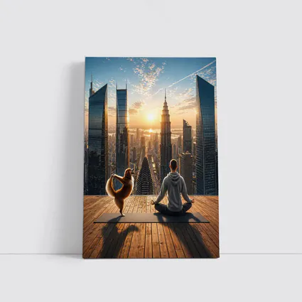 Man and Dog Yoga City Skyline Sunrise