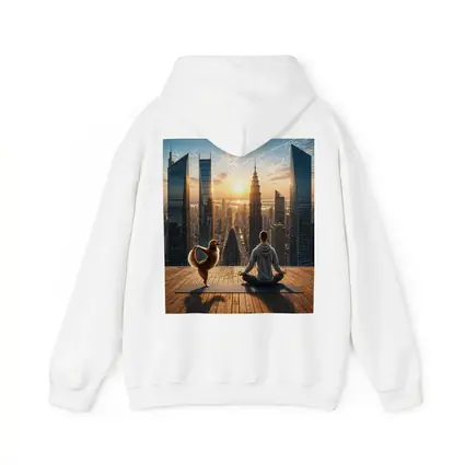 Man and Dog Yoga City Skyline Sunrise