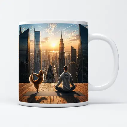 Man and Dog Yoga City Skyline Sunrise