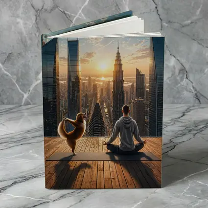 Man and Dog Yoga City Skyline Sunrise