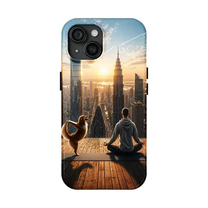 Man and Dog Yoga City Skyline Sunrise