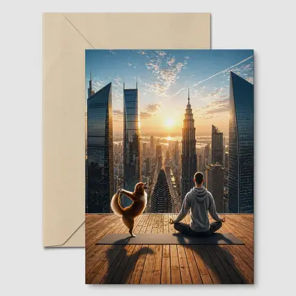 Man and Dog Yoga City Skyline Sunrise