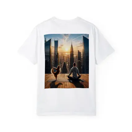 Man and Dog Yoga City Skyline Sunrise