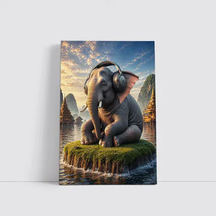 Elephant With Headphones Sitting On Mossy Island