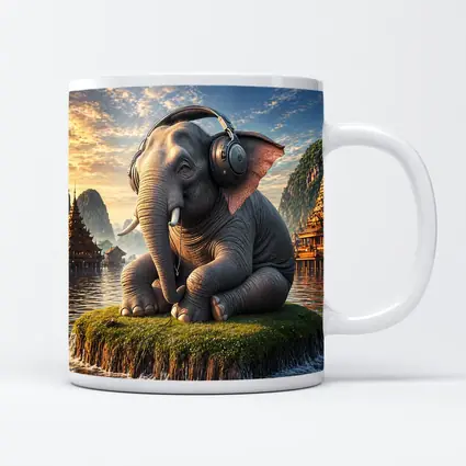 Elephant With Headphones Sitting On Mossy Island