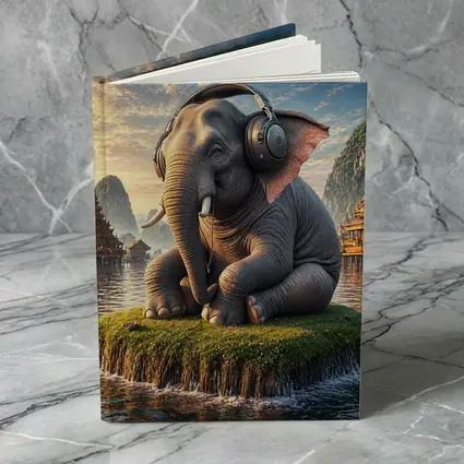 Elephant With Headphones Sitting On Mossy Island