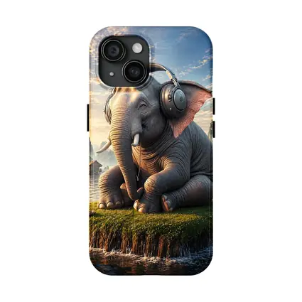 Elephant With Headphones Sitting On Mossy Island
