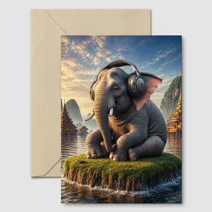 Elephant With Headphones Sitting On Mossy Island