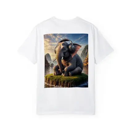Elephant With Headphones Sitting On Mossy Island