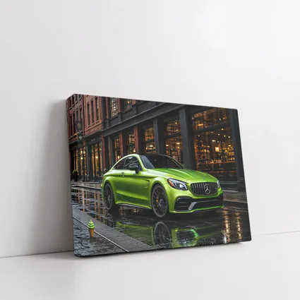 Mercedes-AMG C63 Green Rainy Urban Street