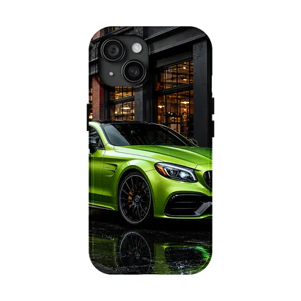 Mercedes AMG C63 Green Rainy Urban Street