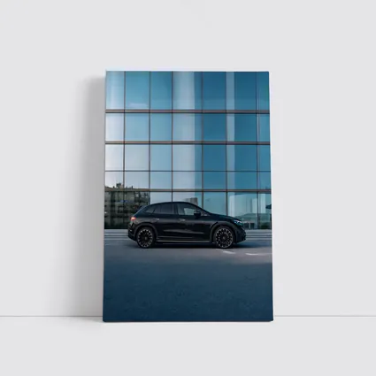 Black Mercedes EQE SUV Glass Building