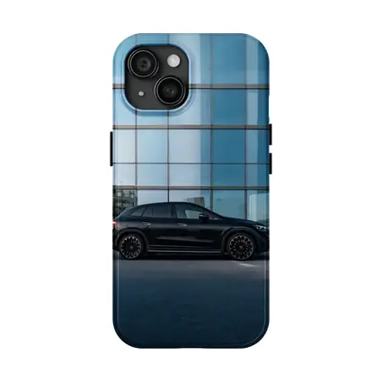 Black Mercedes EQE SUV Glass Building