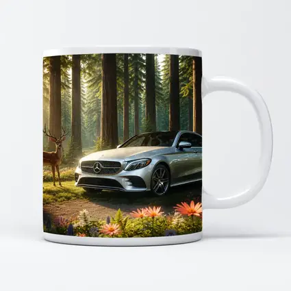 Mercedes C Class Silver Sedan Forest Deer