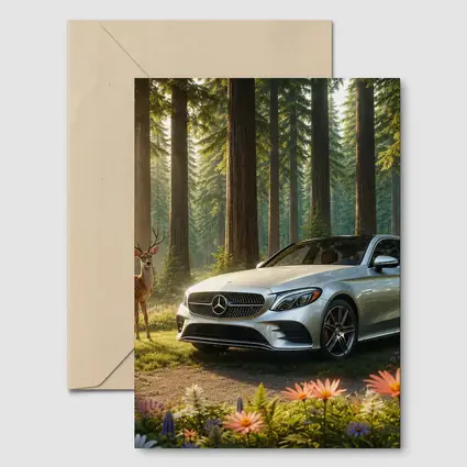 Mercedes C Class Silver Sedan Forest Deer