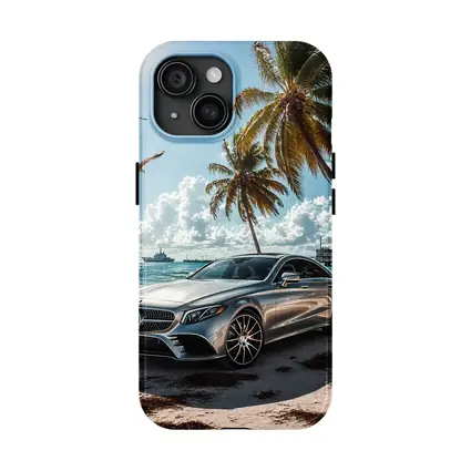 Mercedes CLS Silver Sedan Beach Palm Trees