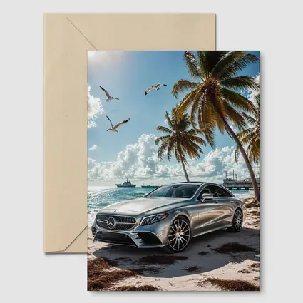 Mercedes CLS Silver Sedan Beach Palm Trees