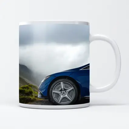 Mercedes EQE Blue Wheel Misty Mountain Road
