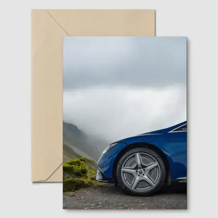 Mercedes EQE Blue Wheel Misty Mountain Road