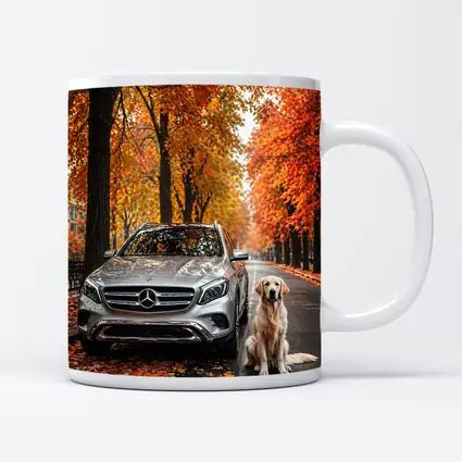 Mercedes GLA Silver SUV Golden Retriever Autumn
