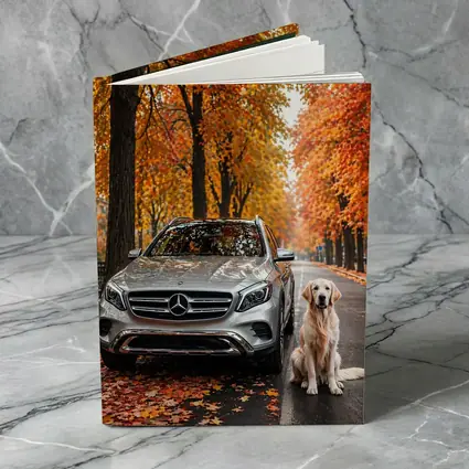 Mercedes GLA Silver SUV Golden Retriever Autumn