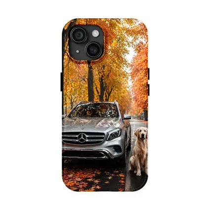 Mercedes GLA Silver SUV Golden Retriever Autumn
