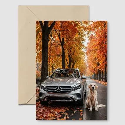 Mercedes GLA Silver SUV Golden Retriever Autumn