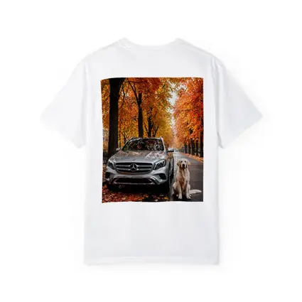 Mercedes GLA Silver SUV Golden Retriever Autumn