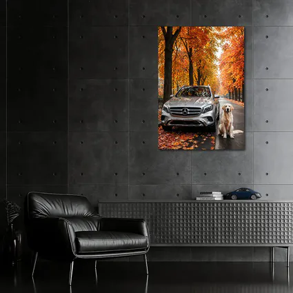 Mercedes GLA Silver SUV Golden Retriever Autumn